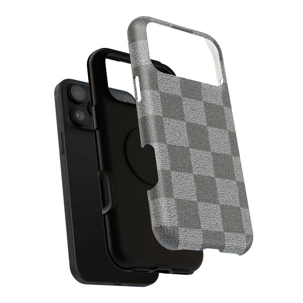 Gray checkered phone case shown from side, textured fabric back and camera opening