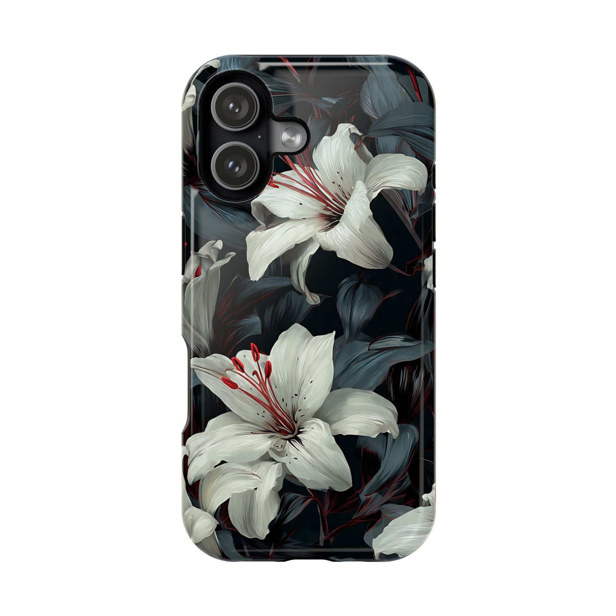 Back phone case with white lily flowers over dark foliage print, camera openings