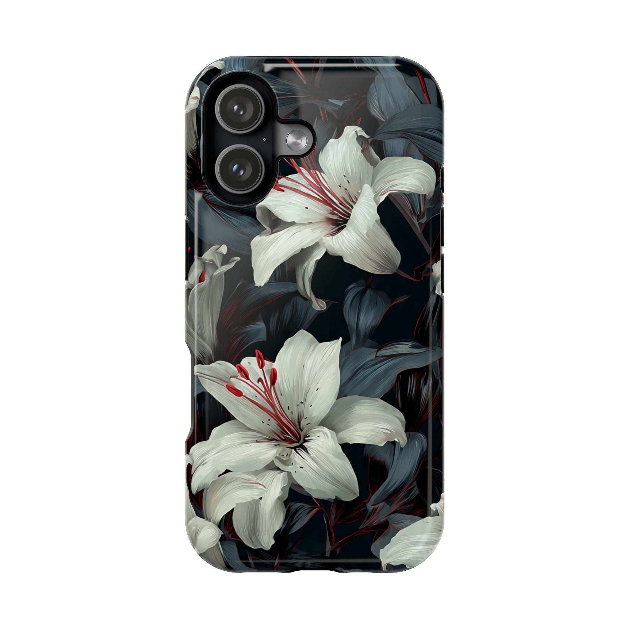 Back phone case with white lily flowers over dark foliage print, camera openings