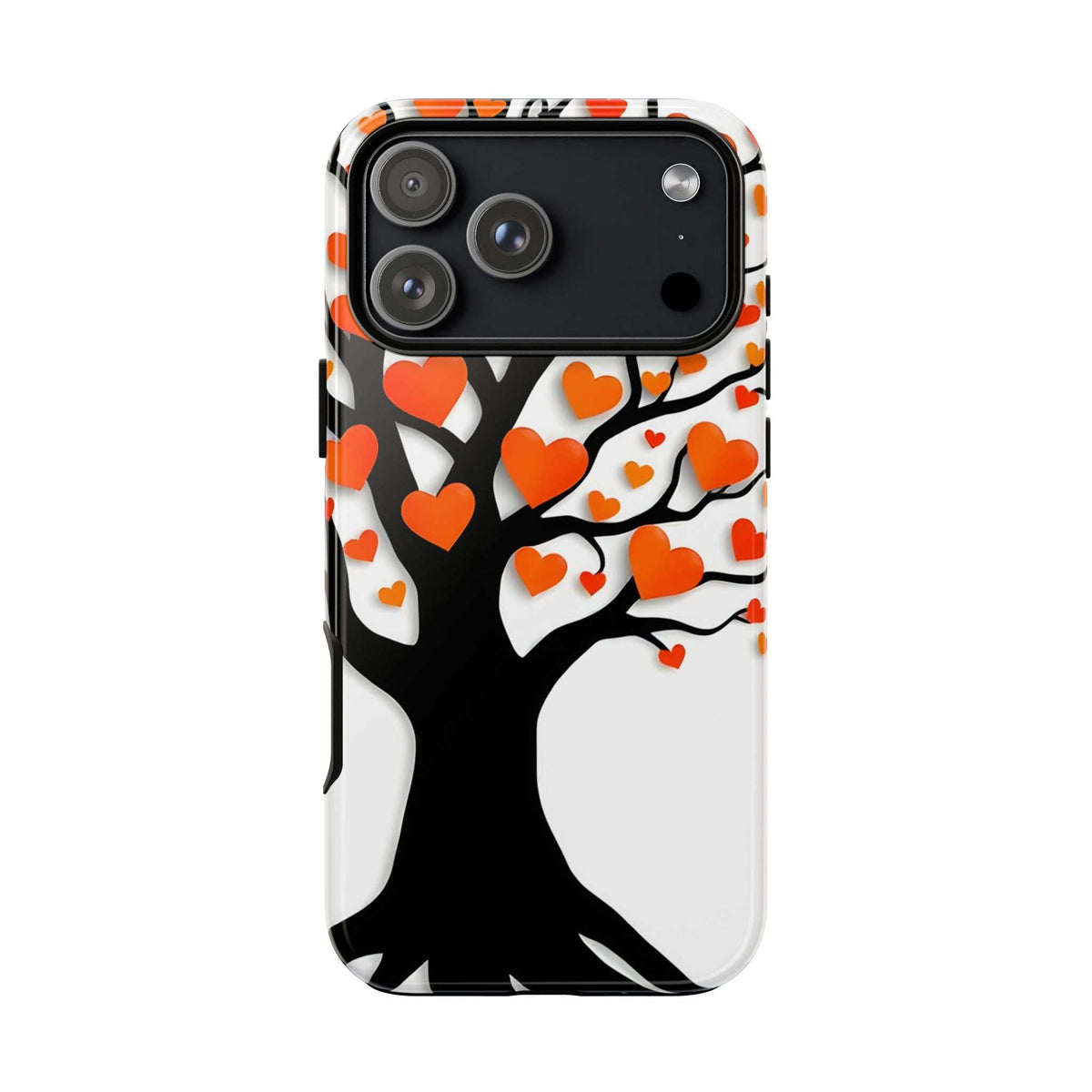 Heart tree phone case with orange hearts and white branches, cutouts for multi-camera module
