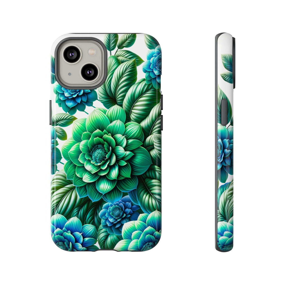 Phone case with green leaf and blue flower print; back camera openings and raised rim.