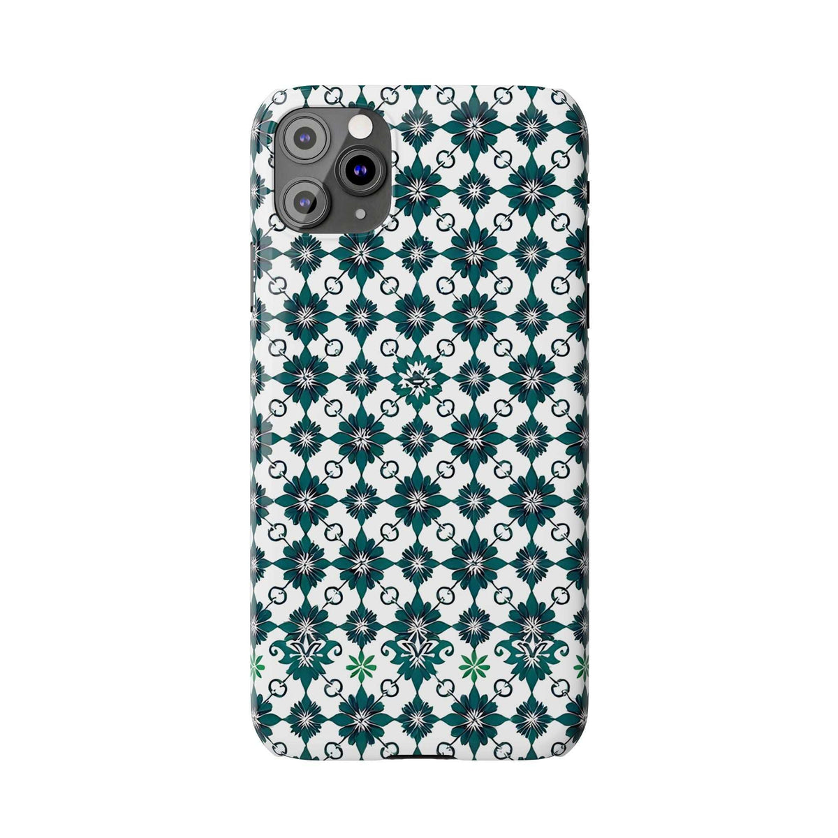 Phone case featuring teal-green geometric floral pattern on white, with lens cutouts.