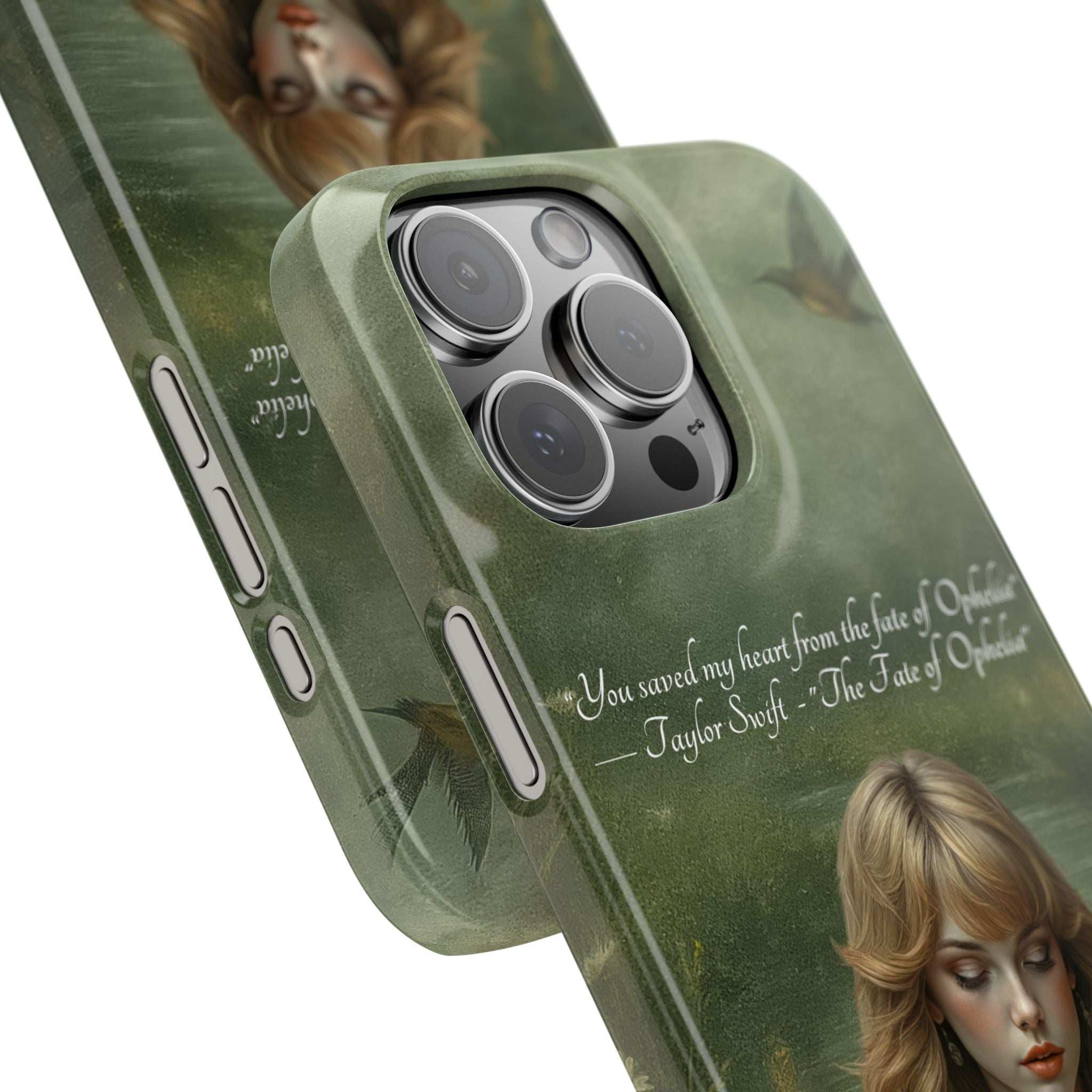 Green phone case close-up with camera module and bird artwork detail.