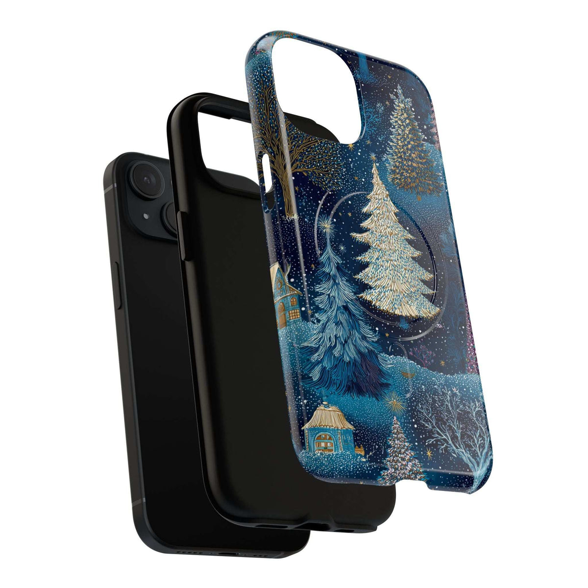 Glossy winter forest phone case, blue with snowy trees and glitter; shows back and edge.