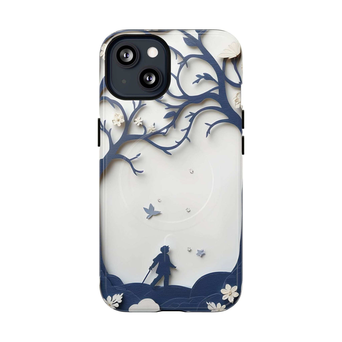 Phone case back with blue nature silhouette print, tree branches, stars, and camera opening
