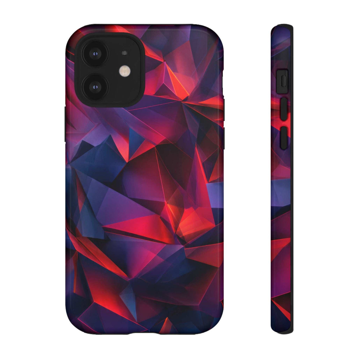 Glossy red and blue crystalline prism phone case with camera module cutout.