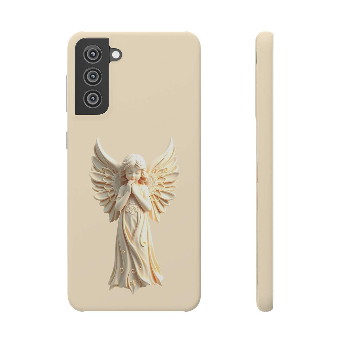Beige angel phone case with cherub graphic, camera cutout, front view