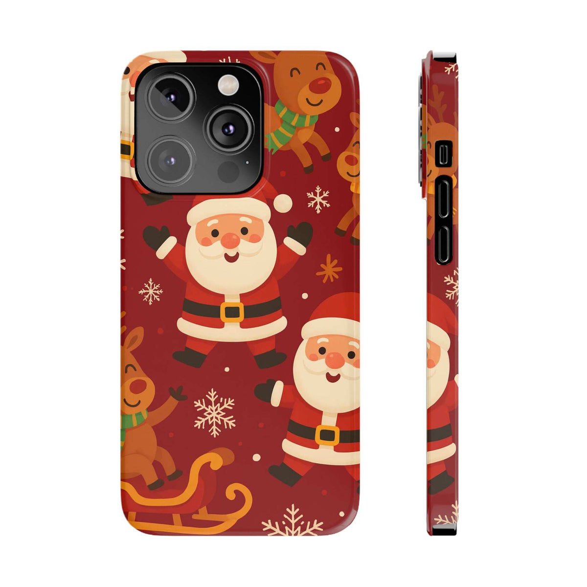 Red holiday phone case with Santa and gingerbread; front and side button openings.