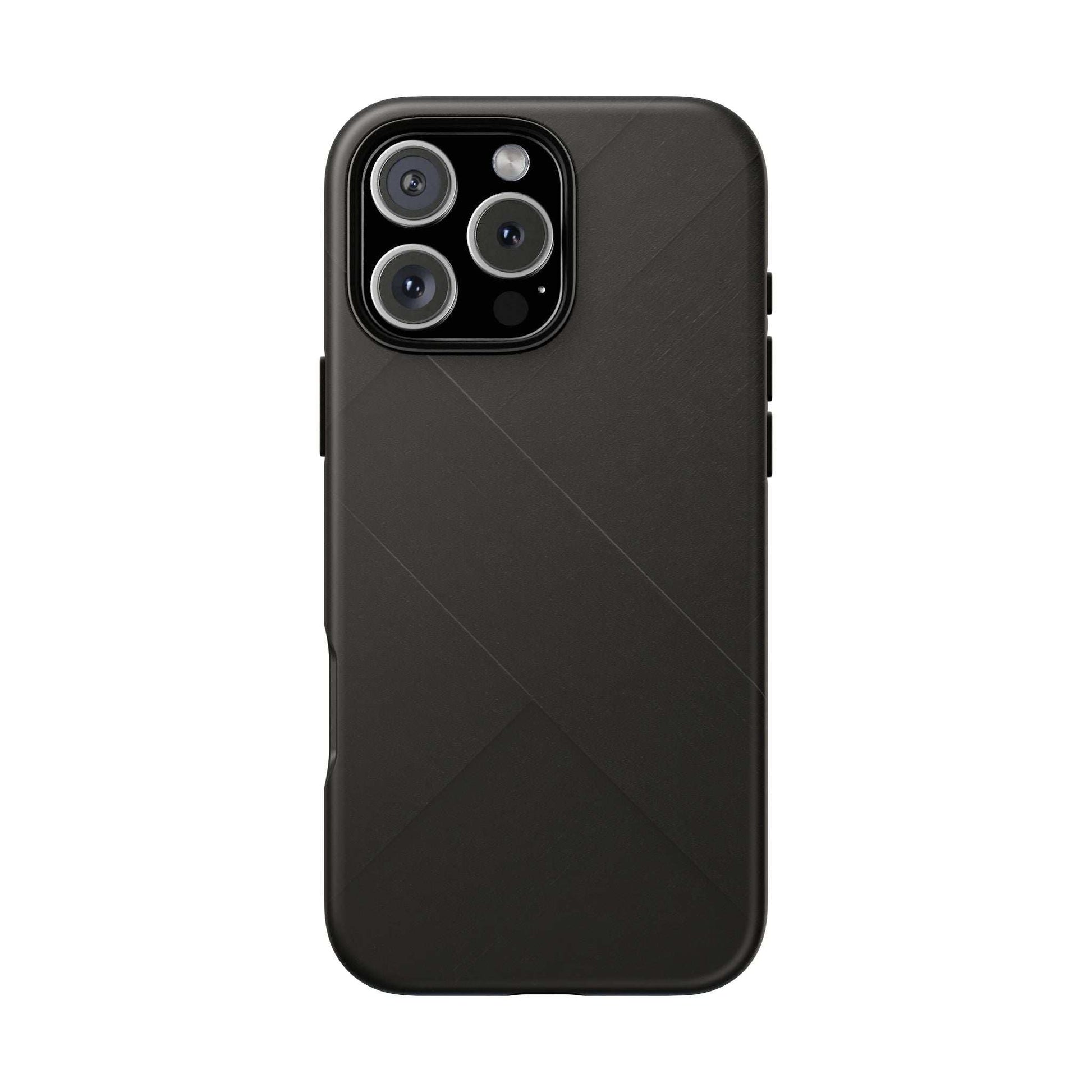 Matte black phone case with diagonal line pattern and camera cutouts, back view