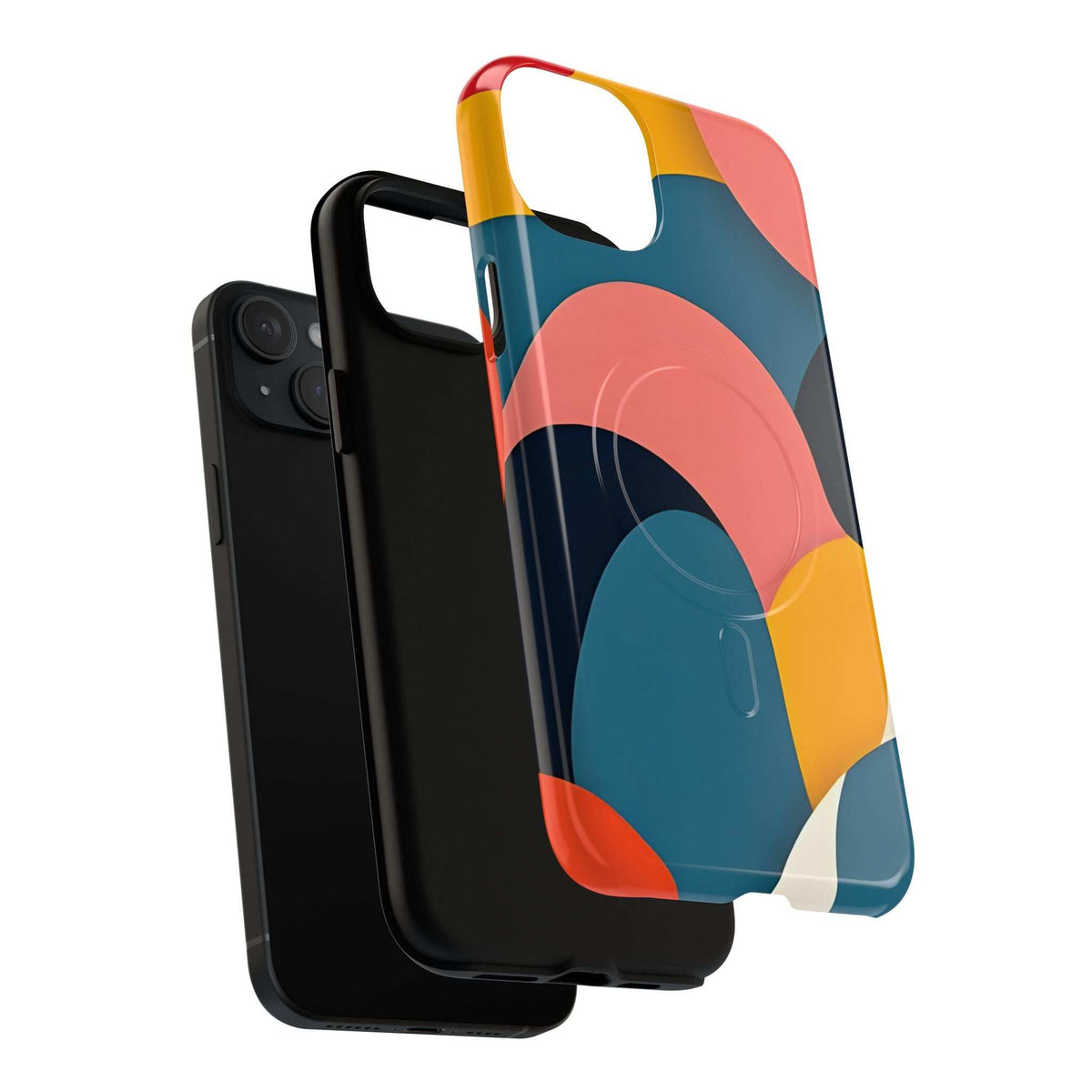 Colorful abstract phone case showing side buttons cutout; blue, coral, yellow shapes.