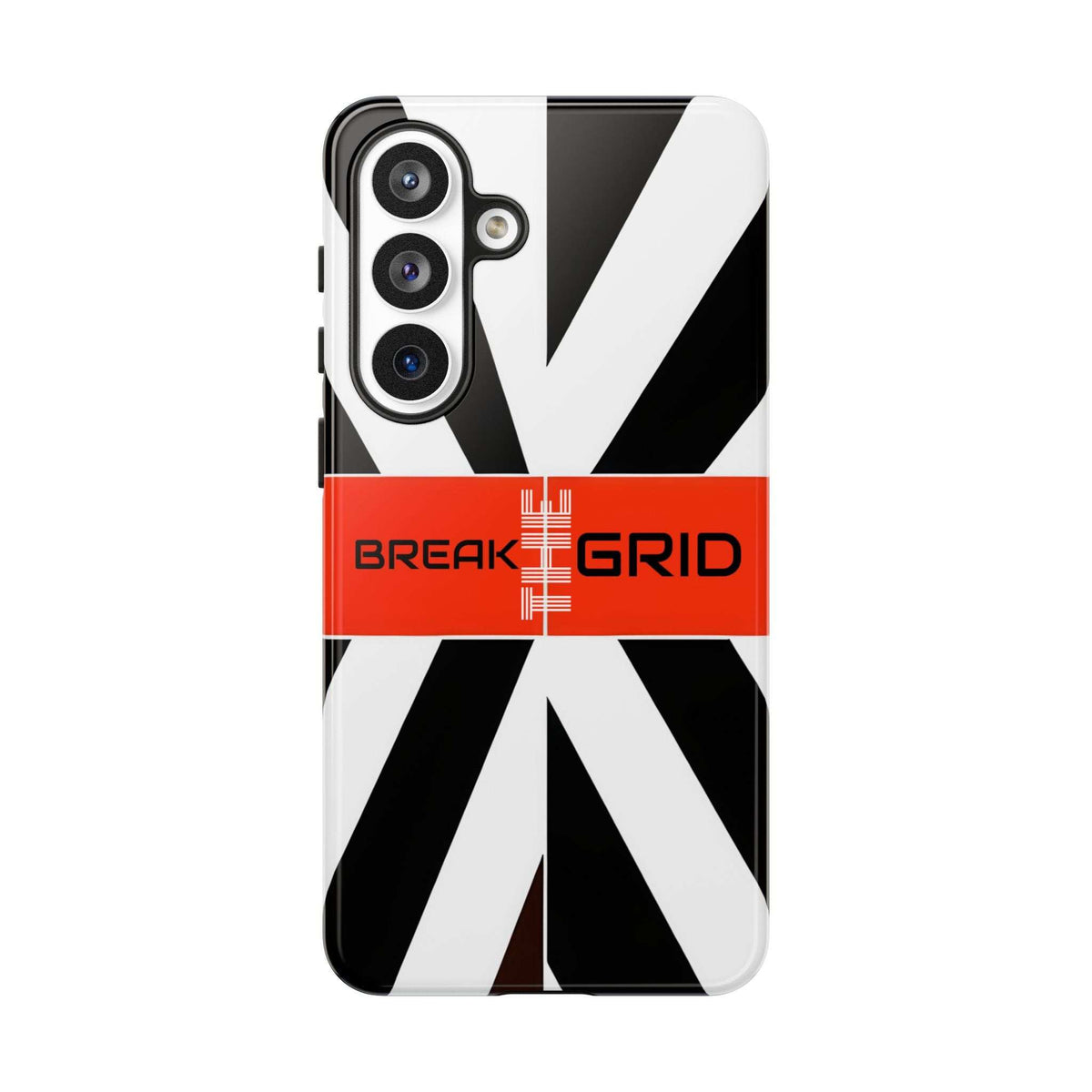 Phone case with black-and-white graphic, red BREAK GRID band, and triple camera cutouts