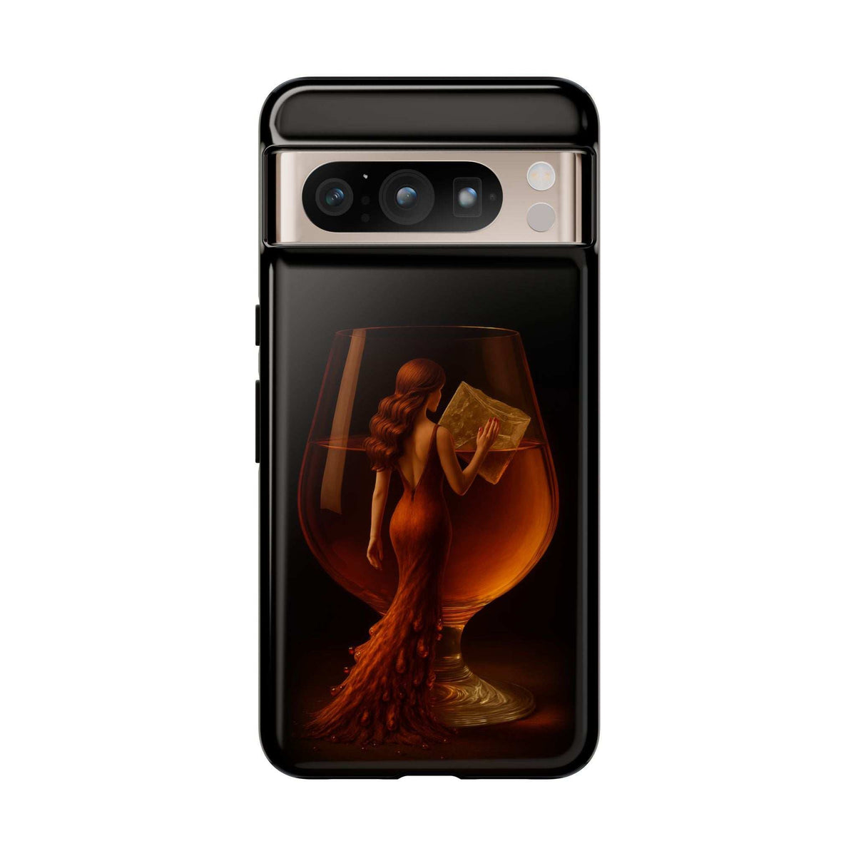 Glossy dark phone case with golden lady reading an open book design for iPhone/Pixel