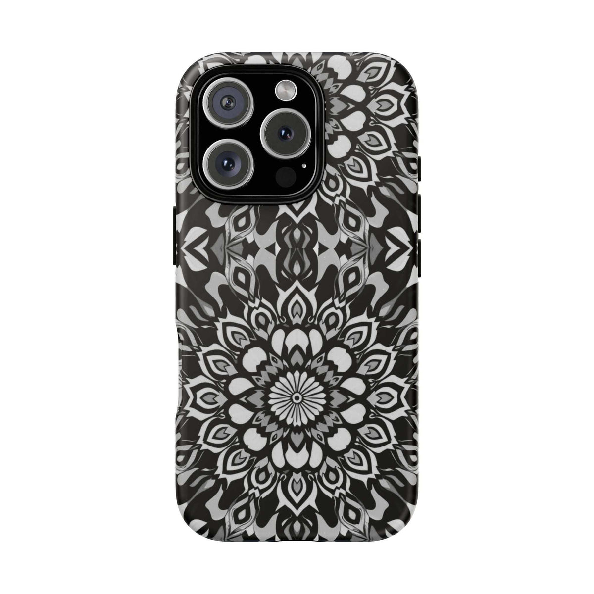 Mandala patterned phone case in black and white with camera openings at top-left