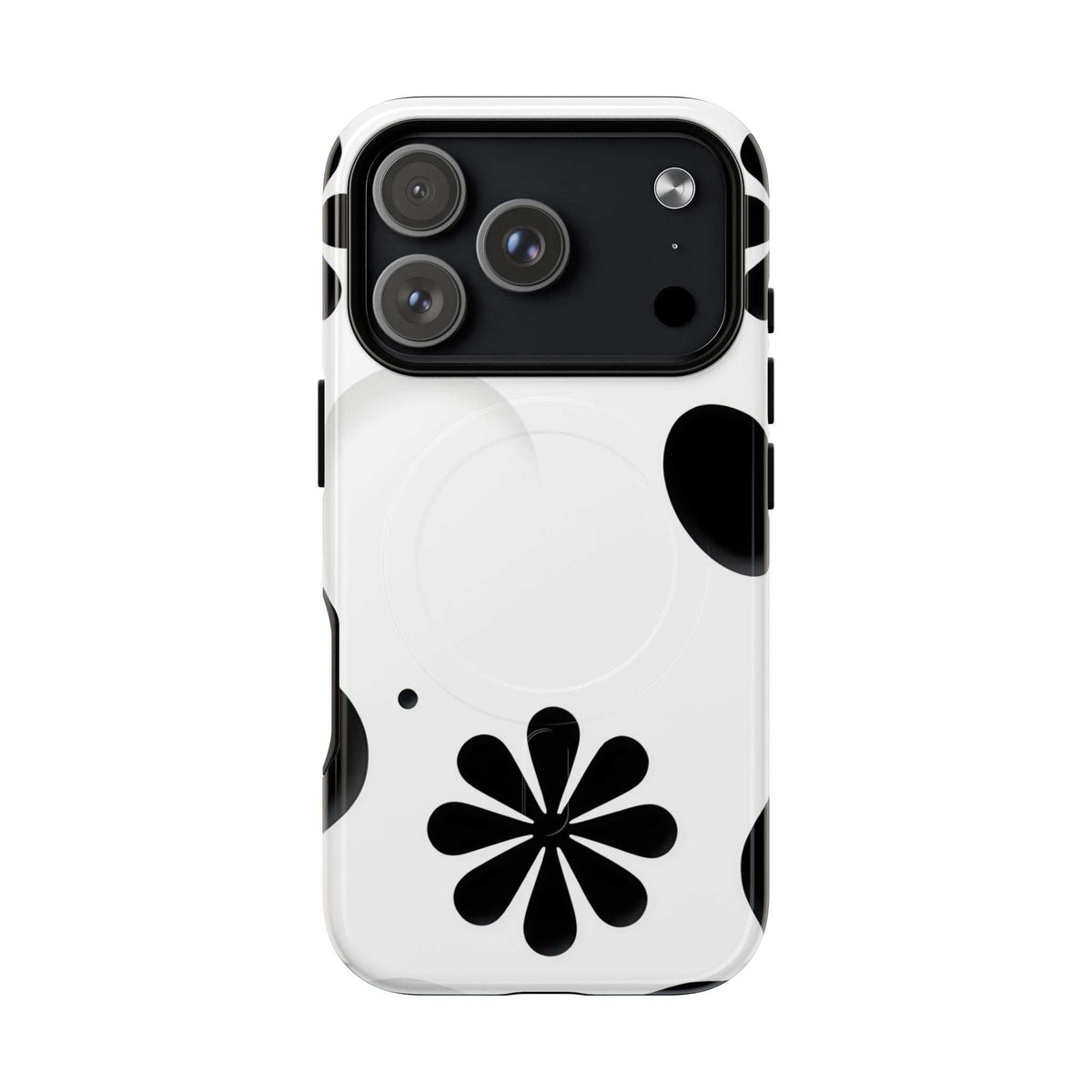 Phone case with black flower-and-dots on white, triple camera cutouts