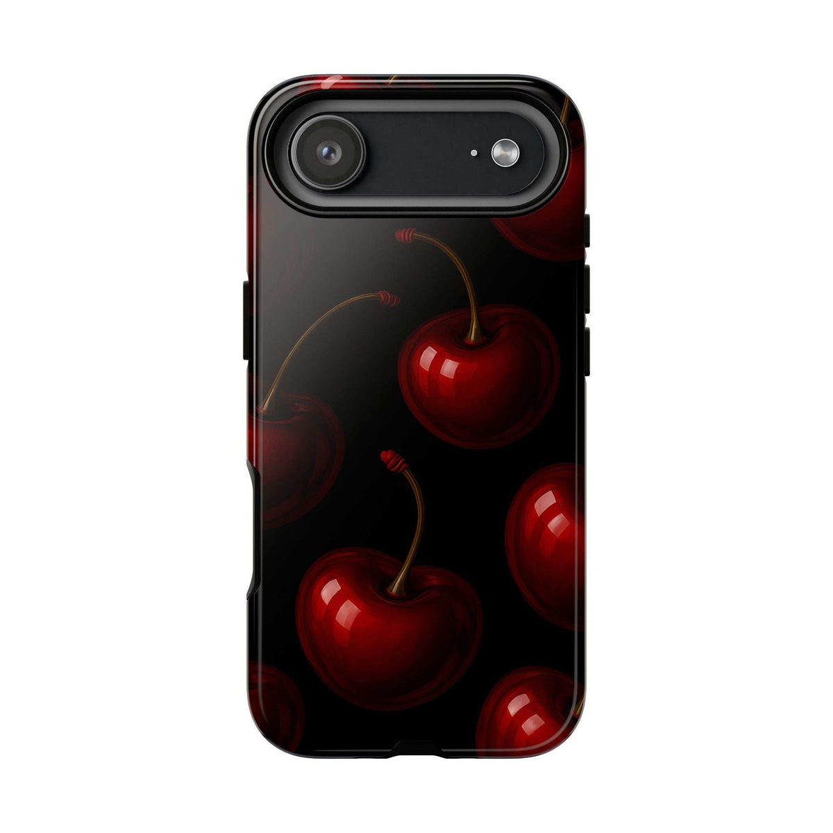 Glossy phone case with red cherry design, long top camera cutout and speaker hole