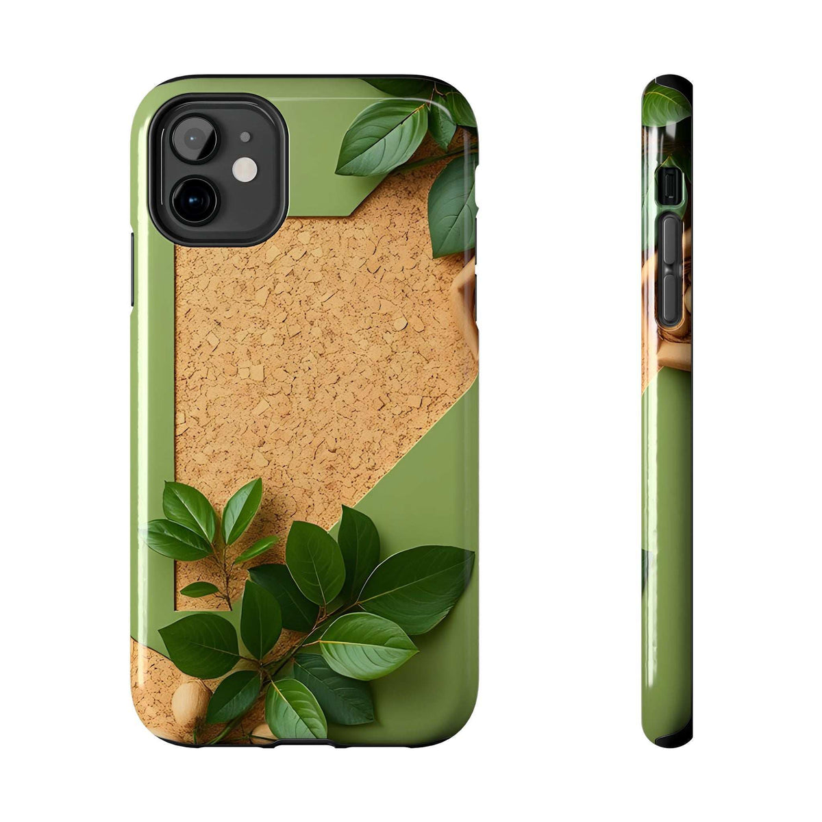 Eco phone case front and side view; green and tan cork texture with leaf graphics