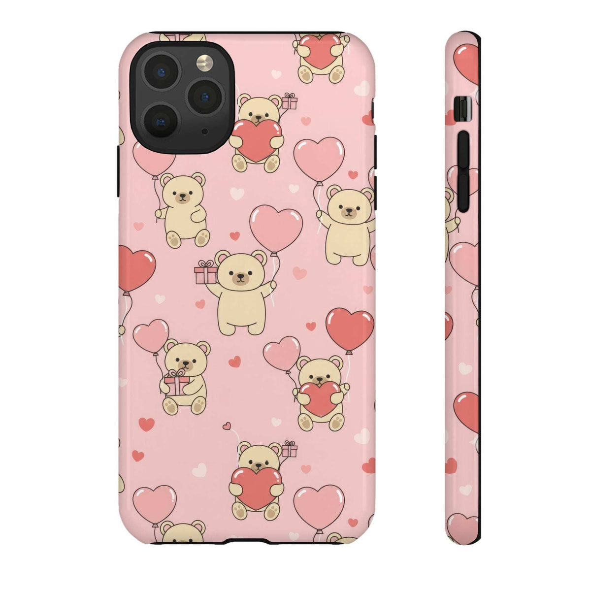 Pink phone case front and side, scattered teddy bears and hearts with camera opening