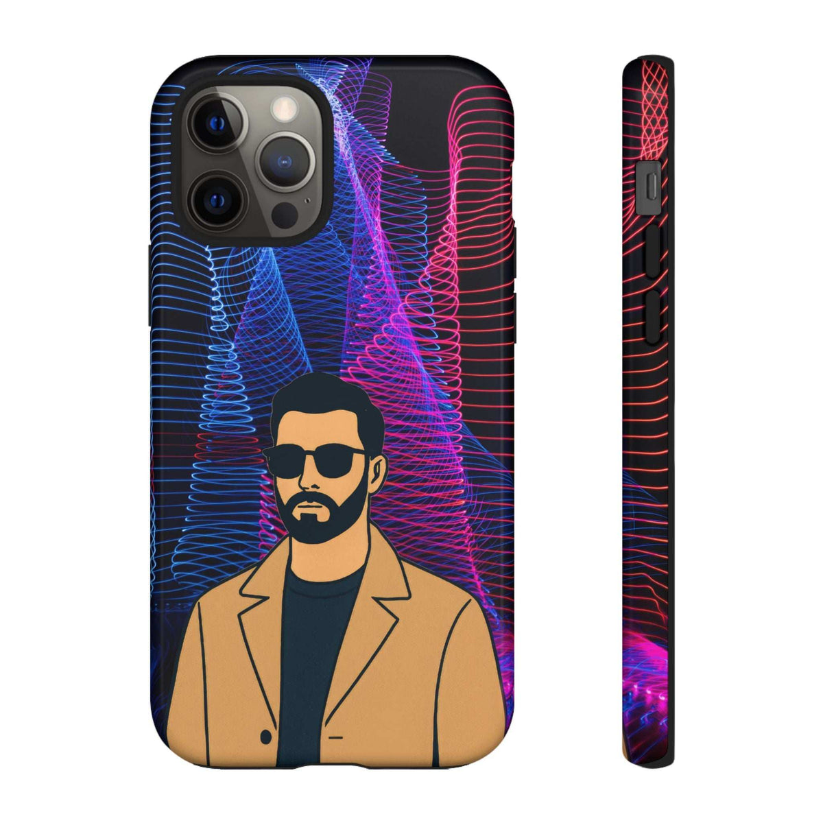 Glossy phone case showing bearded man illustration with neon blue and pink contour lines