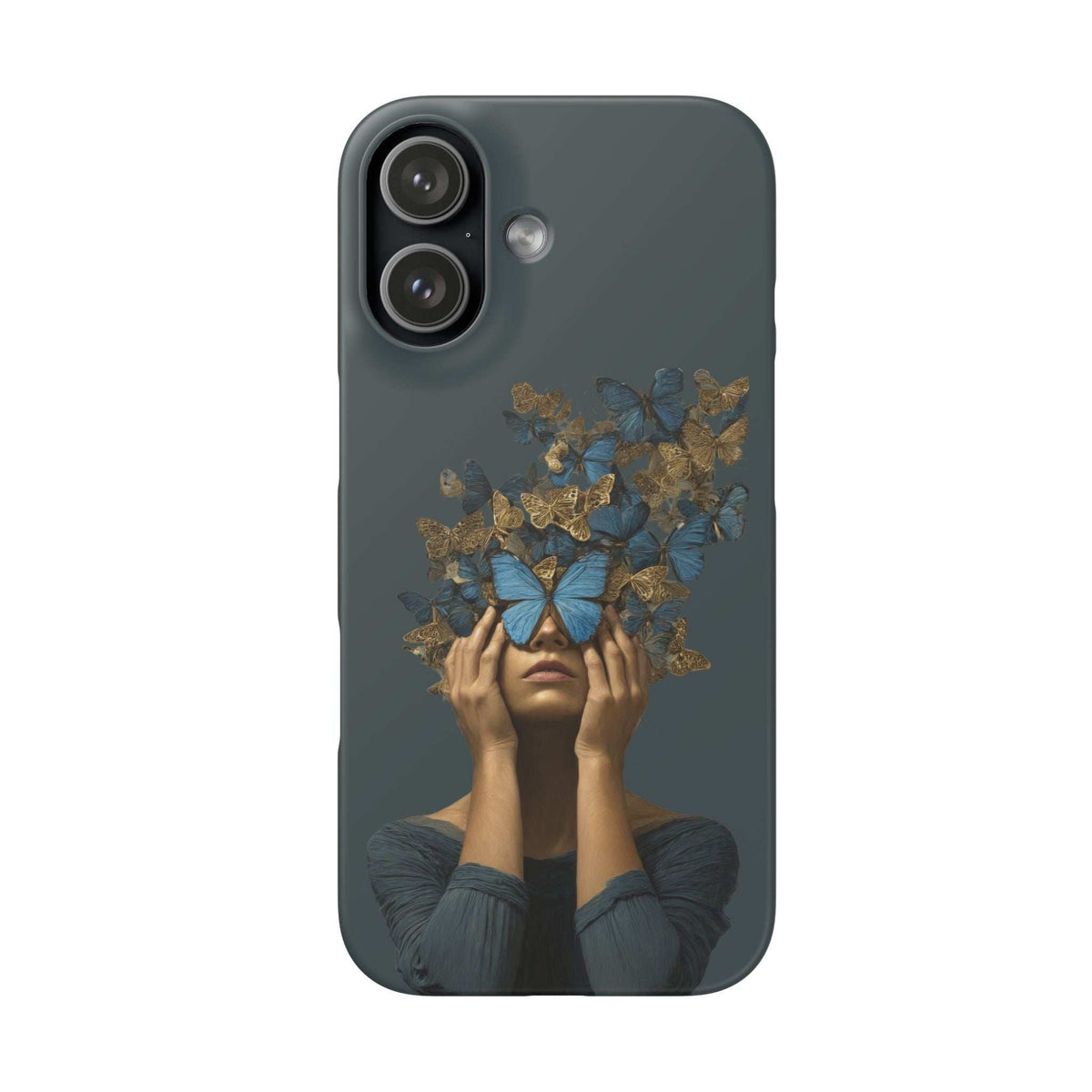 Dark gray phone case with blue butterfly and gold wing collage, dual-lens cutout