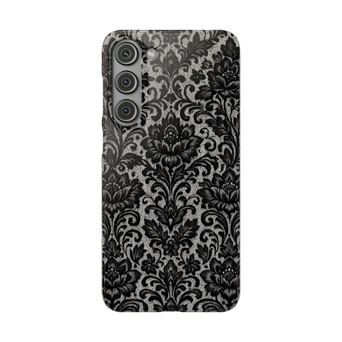 Damask floral phone case, black with gray ornate damask; triple camera cutout