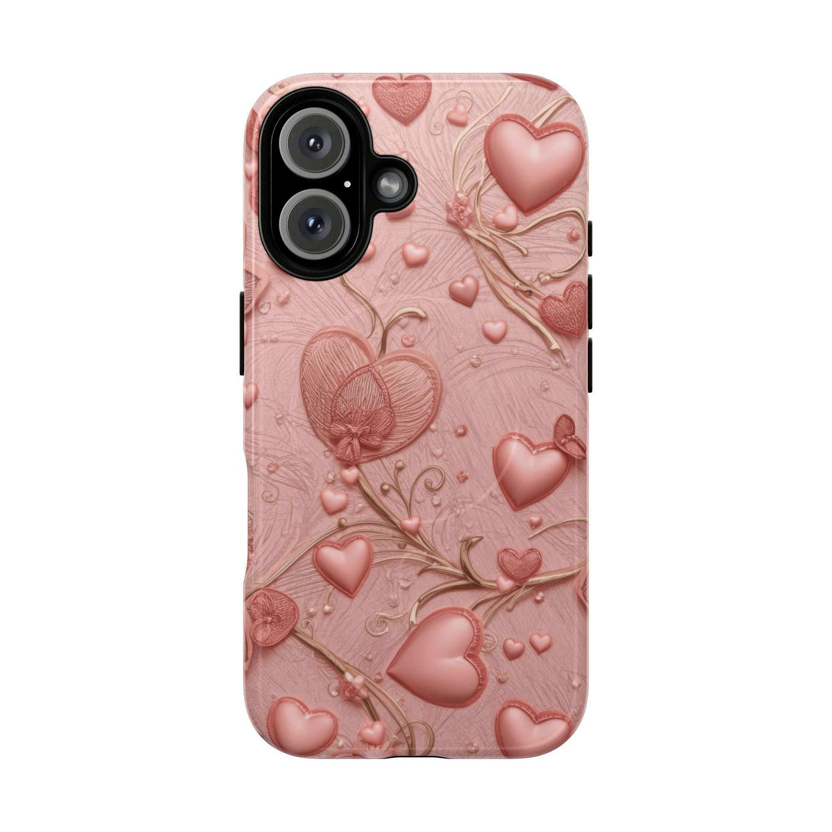 Pink phone case with raised hearts and decorative lines, showing camera lens openings