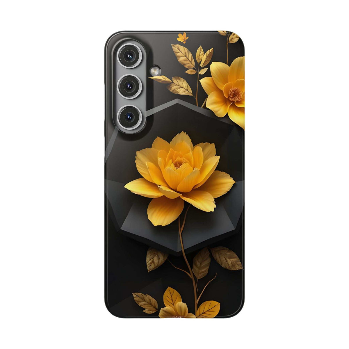 Black phone case with yellow floral blossoms and gold leaves, camera cutouts