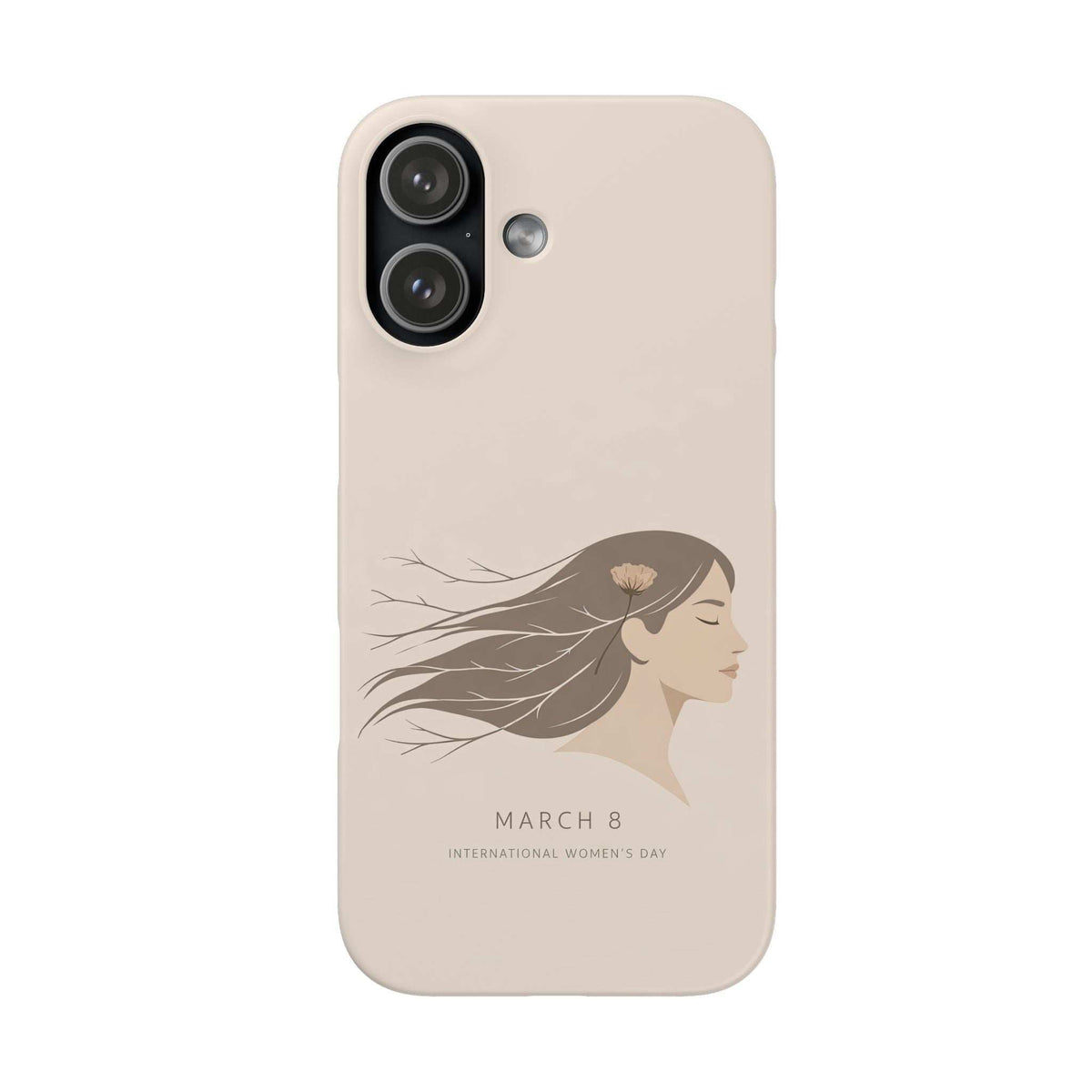 Beige phone case with woman profile graphic, March 8 text, and dual-lens camera cutout