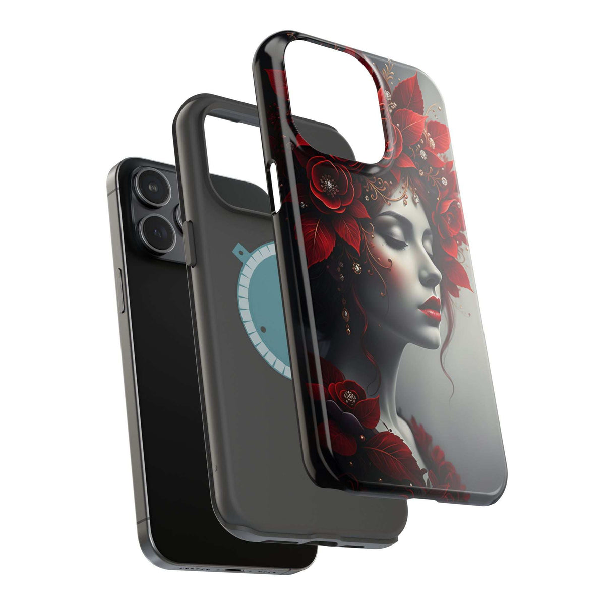 Red rose portrait phone case showing woman face, clear back panel with black sides.