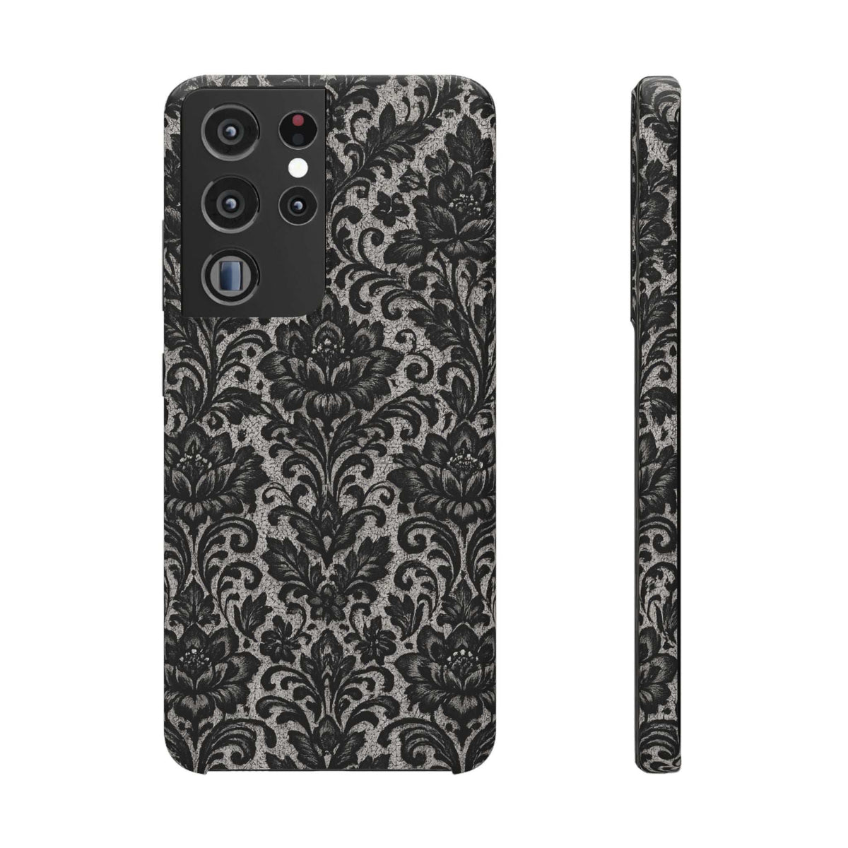 Black damask floral phone case, quad camera cutout; front and side view