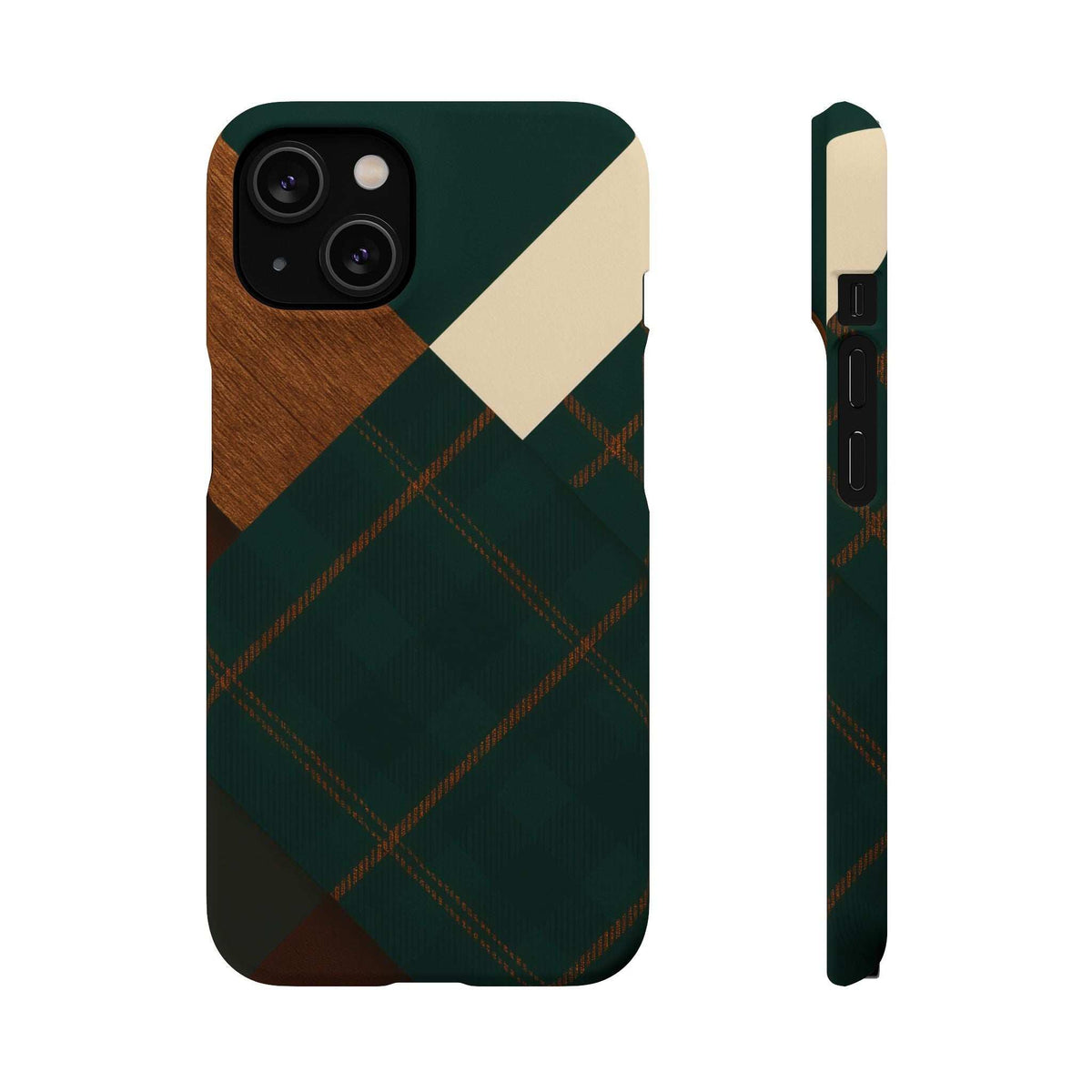 Rustic green phone case showing side profile with tartan plaid and wood accent