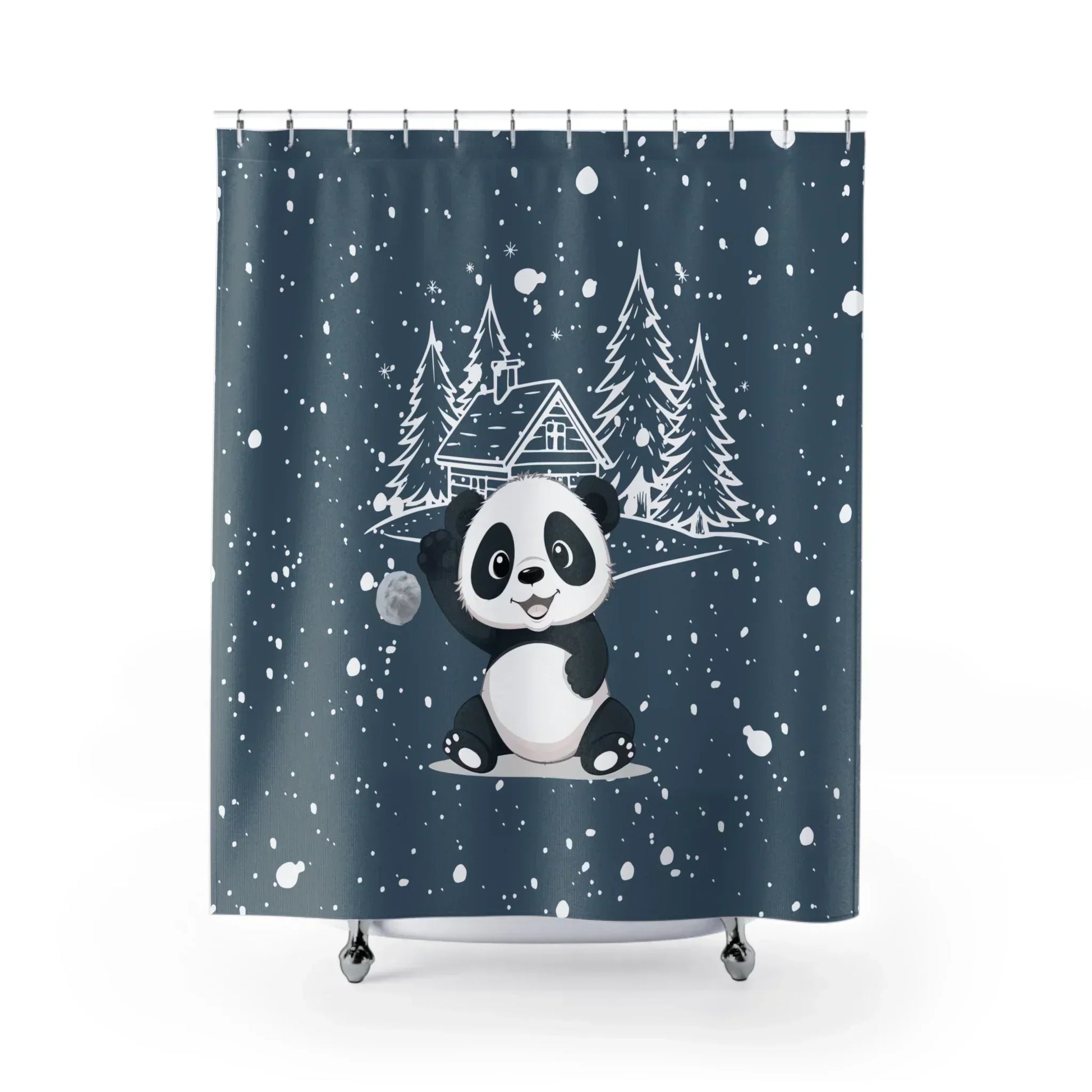 Cute Panda in Snowy Forest Shower Curtain – Cozy Winter Bathroom Decor - KarArmDesign