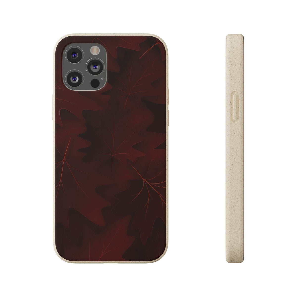 Dark leaf-pattern phone case back view with camera lens openings and side cutouts