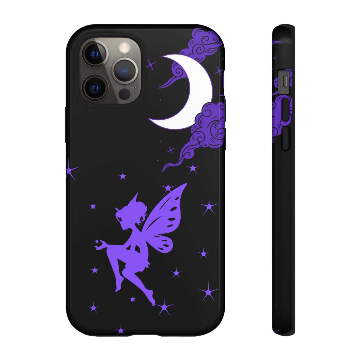 Black phone case with purple moon and fairy silhouette; camera lenses and flash cutout