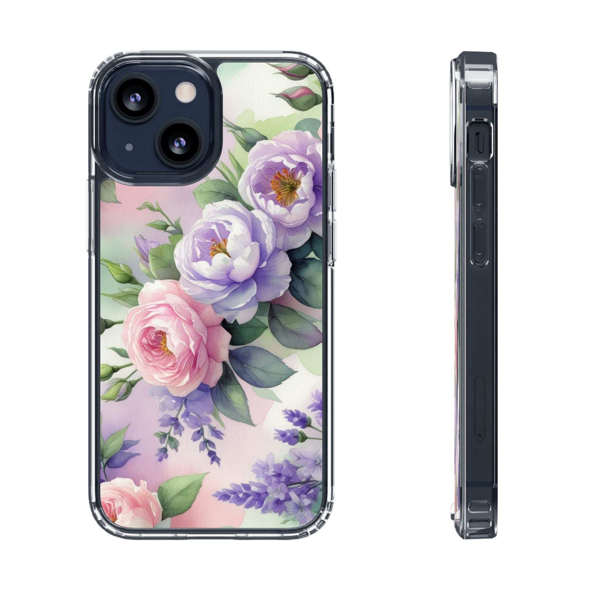 Clear floral phone case with dark camera housing visible; side profile and rose print