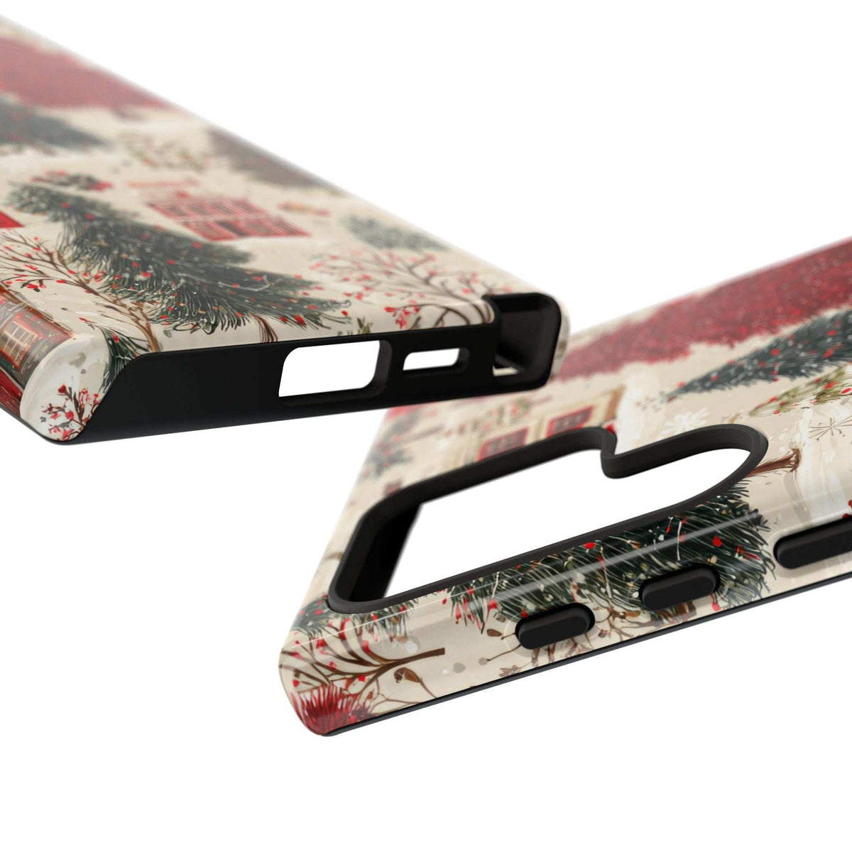 Winter village phone case with red houses and pine trees; side grip protection detail.
