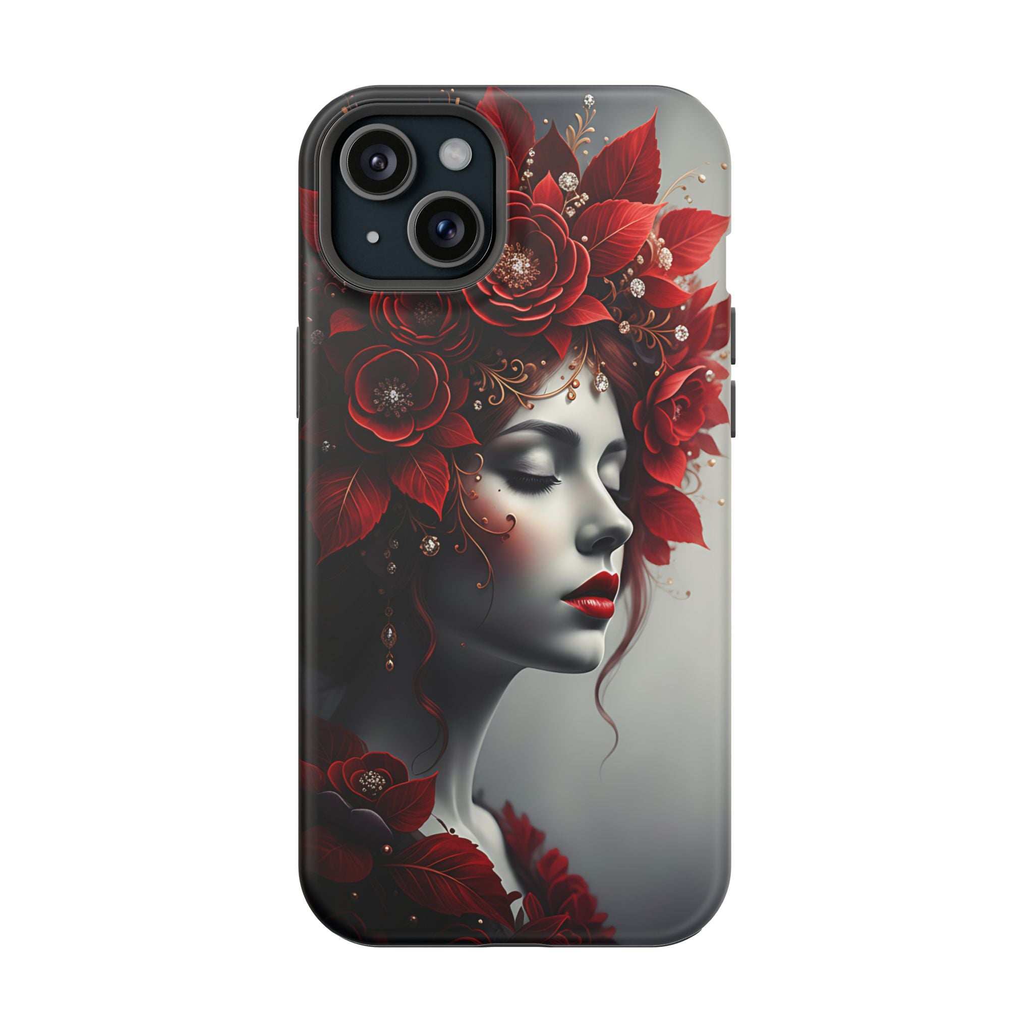 Portrait phone case for iPhone 13-17 featuring red roses and a side-profile woman face