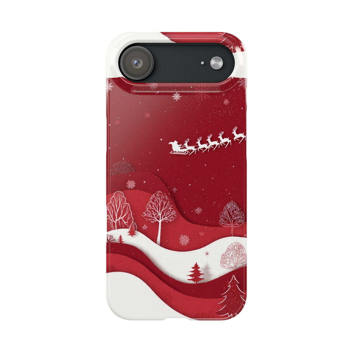 Red winter phone case with sleigh line, snowy forest details, and white trim