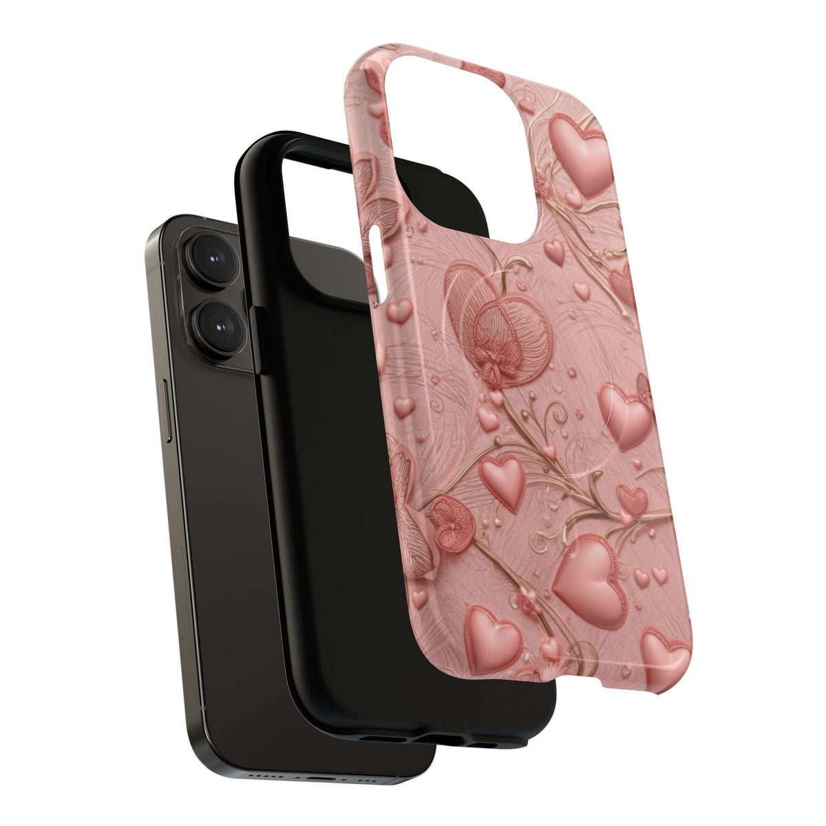 Pink embossed heart-and-vine phone case with camera cutout and detailed raised hearts