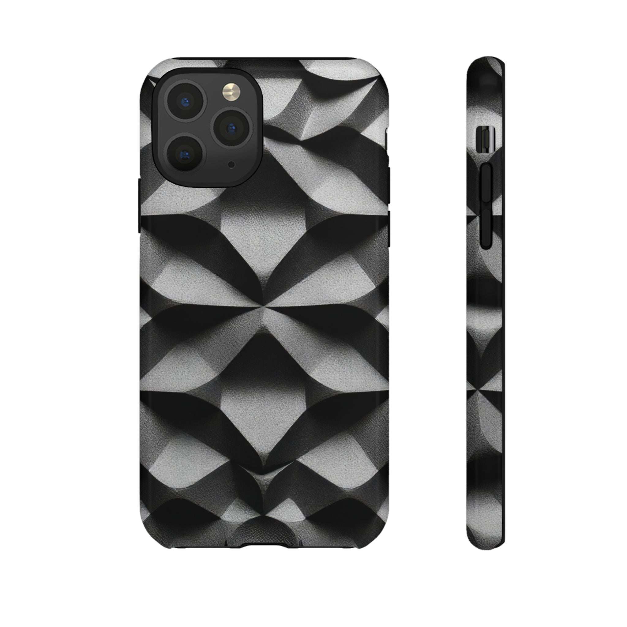 Tough phone case with black and silver geometric diamond pattern, multiple camera cutouts