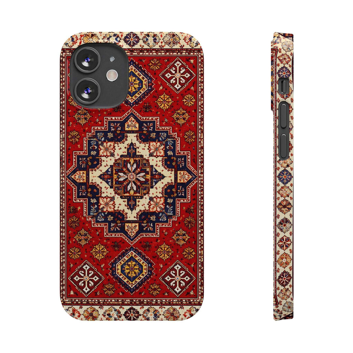 Phone case with red, blue and beige ornamental carpet pattern; front camera cutouts