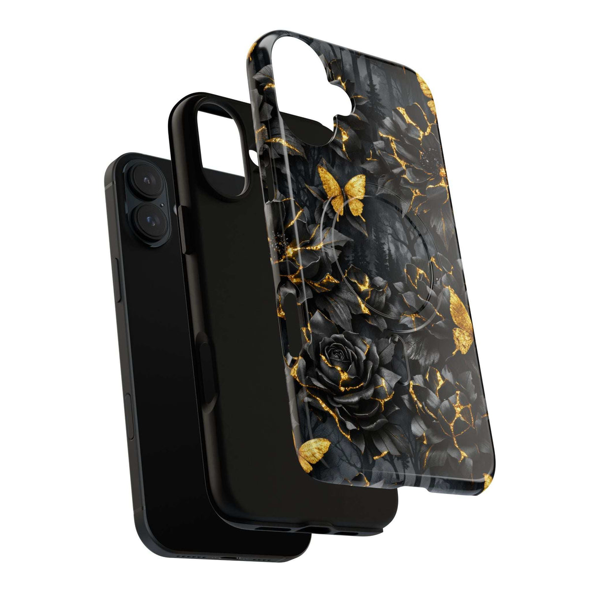 Phone case for iPhone with black rose kintsugi design, gold crack lines, camera cutout