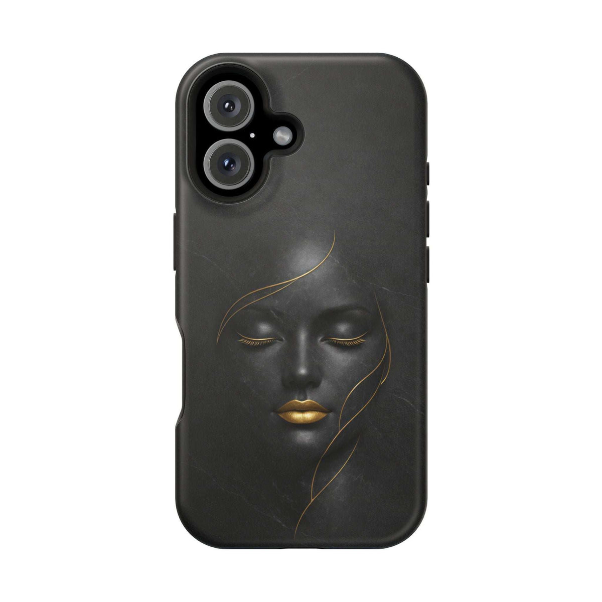 Black phone case with gold face illustration, angled side showing button openings