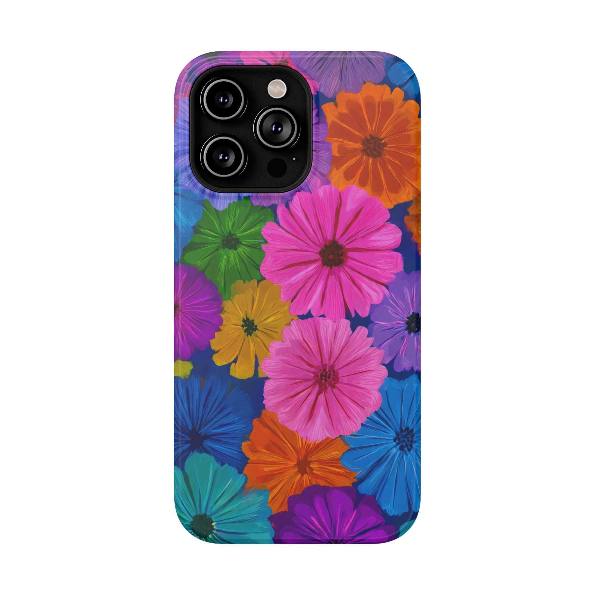 Colorful blossom print phone case with triple-lens camera cutout and raised edges