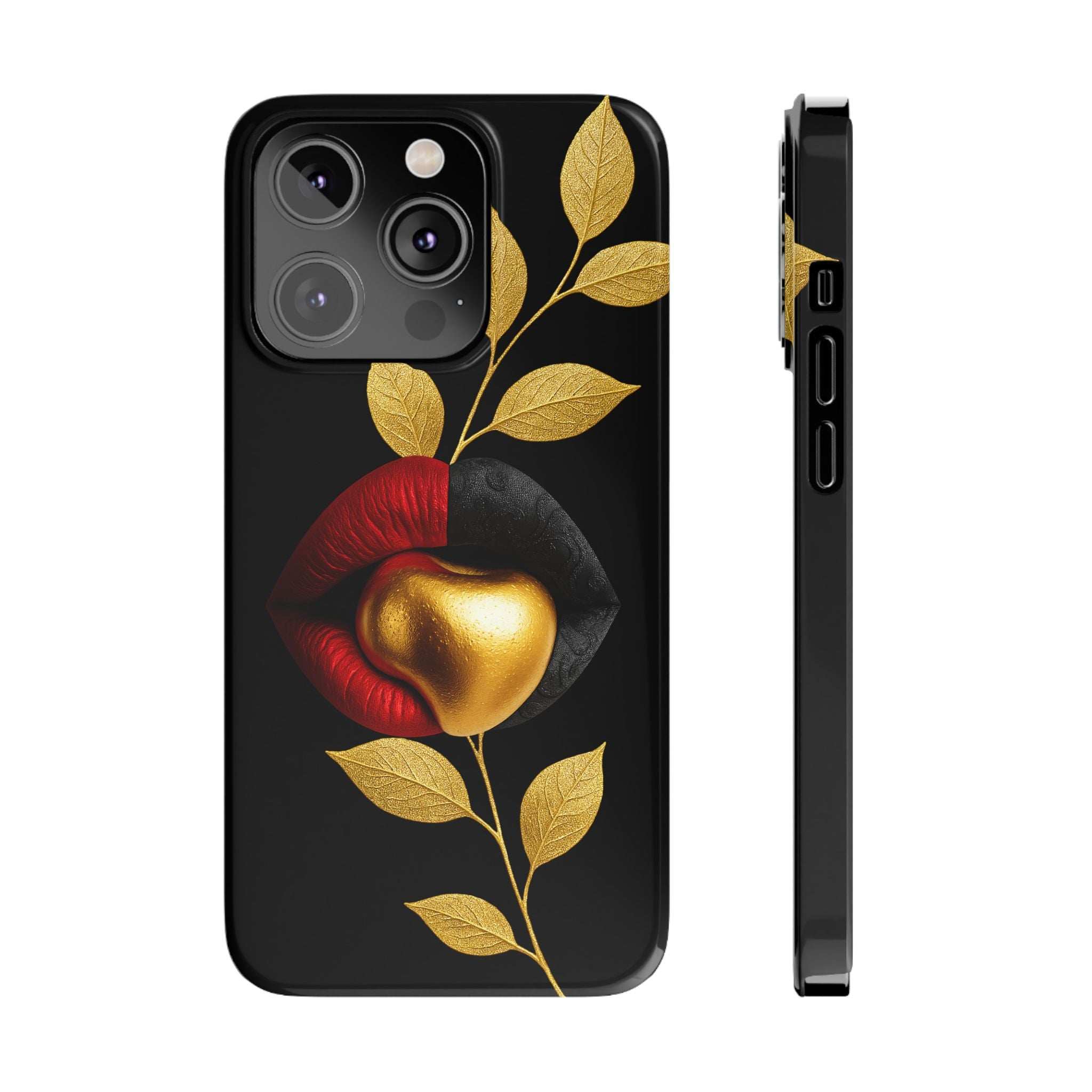 Black phone case with gold leaves, red lips, and gold heart graphic