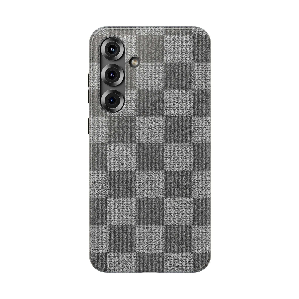 Gray checkered phone case with textured fabric and triple camera openings on the back.