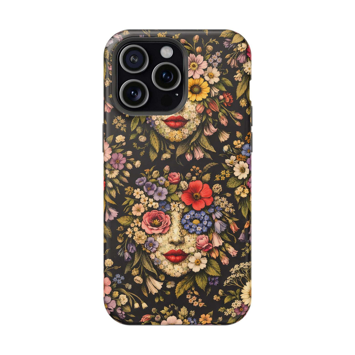 Decorative phone case with vintage floral face design, red lips, and mixed flowers; camera cutouts