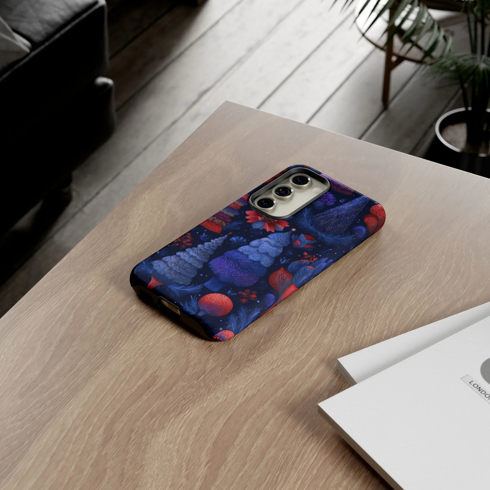 Midnight Blue Christmas Forest Phone Case for iPhone 8-17 and Galaxy S21–S25 - KARARMDESIGN