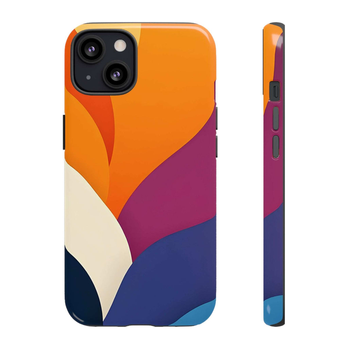 Abstract phone case with orange-magenta curves and navy base; side button openings visible.