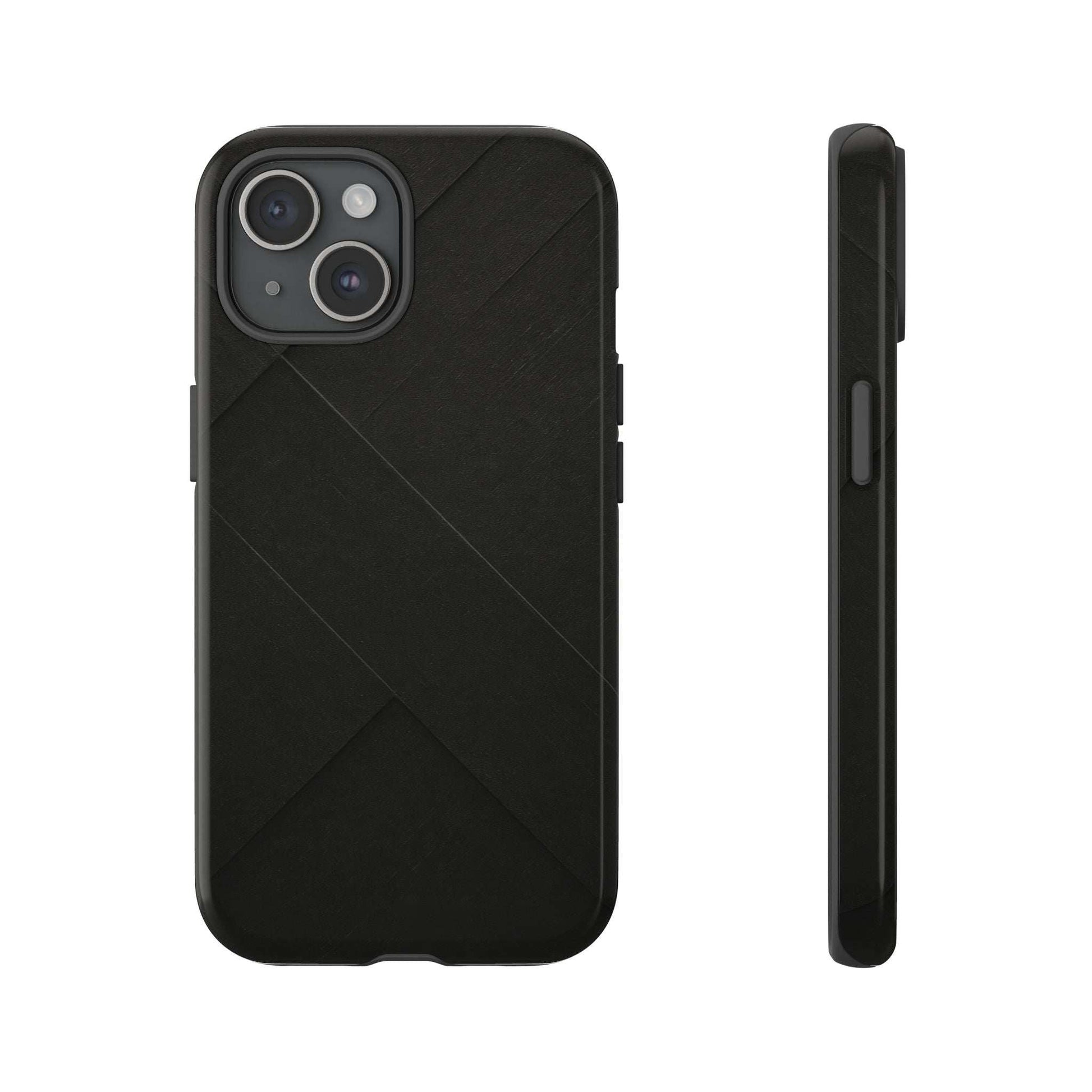 Matte black phone case with diagonal line pattern, camera cutouts, and covered side buttons.