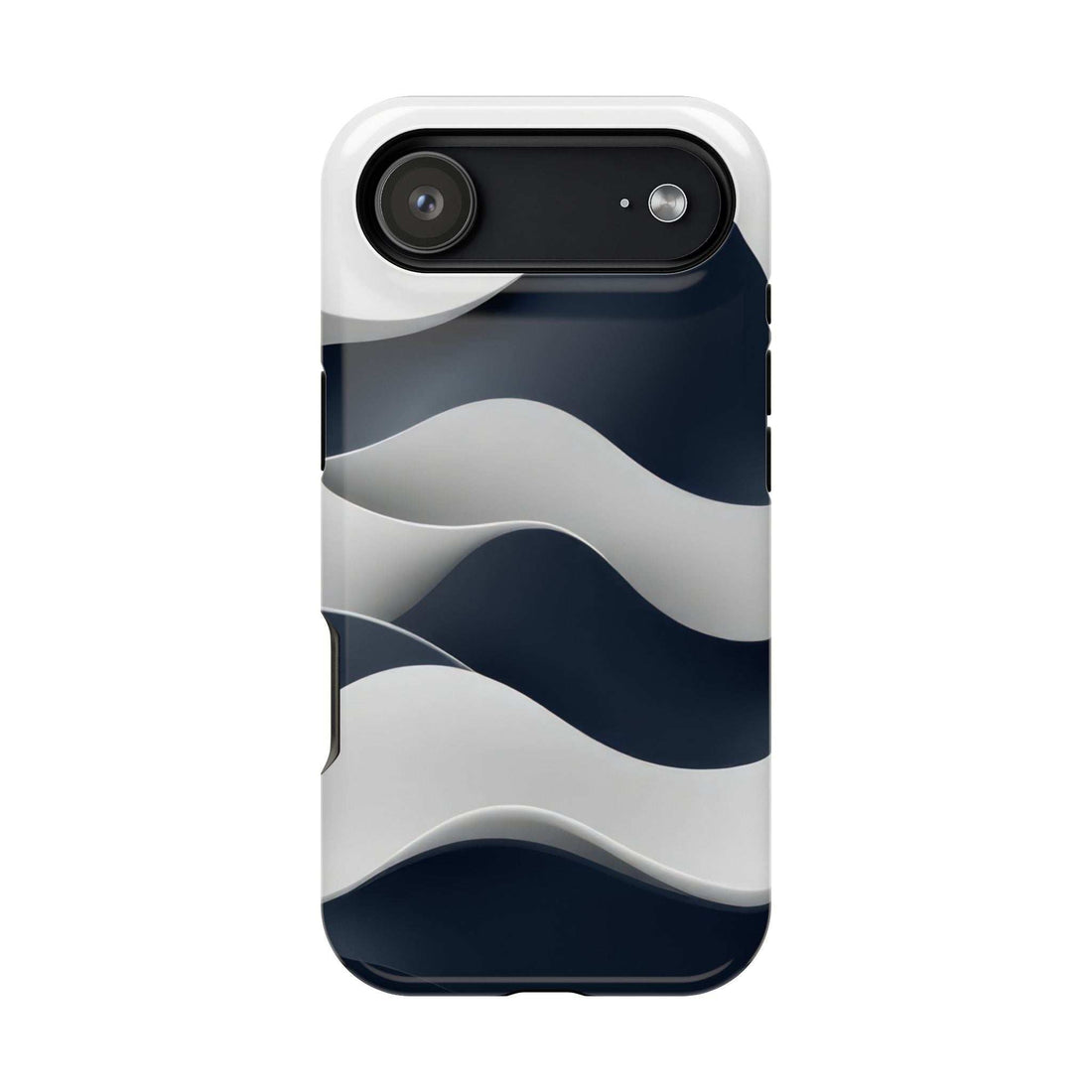 Phone case with dark blue and gray wavy pattern on light background; camera cutouts.